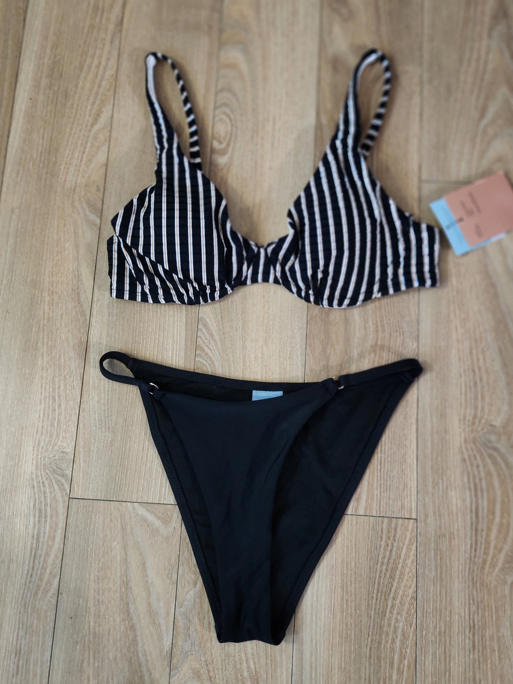 Shade & Shore Black and White Striped Bikini Set 34C/Small